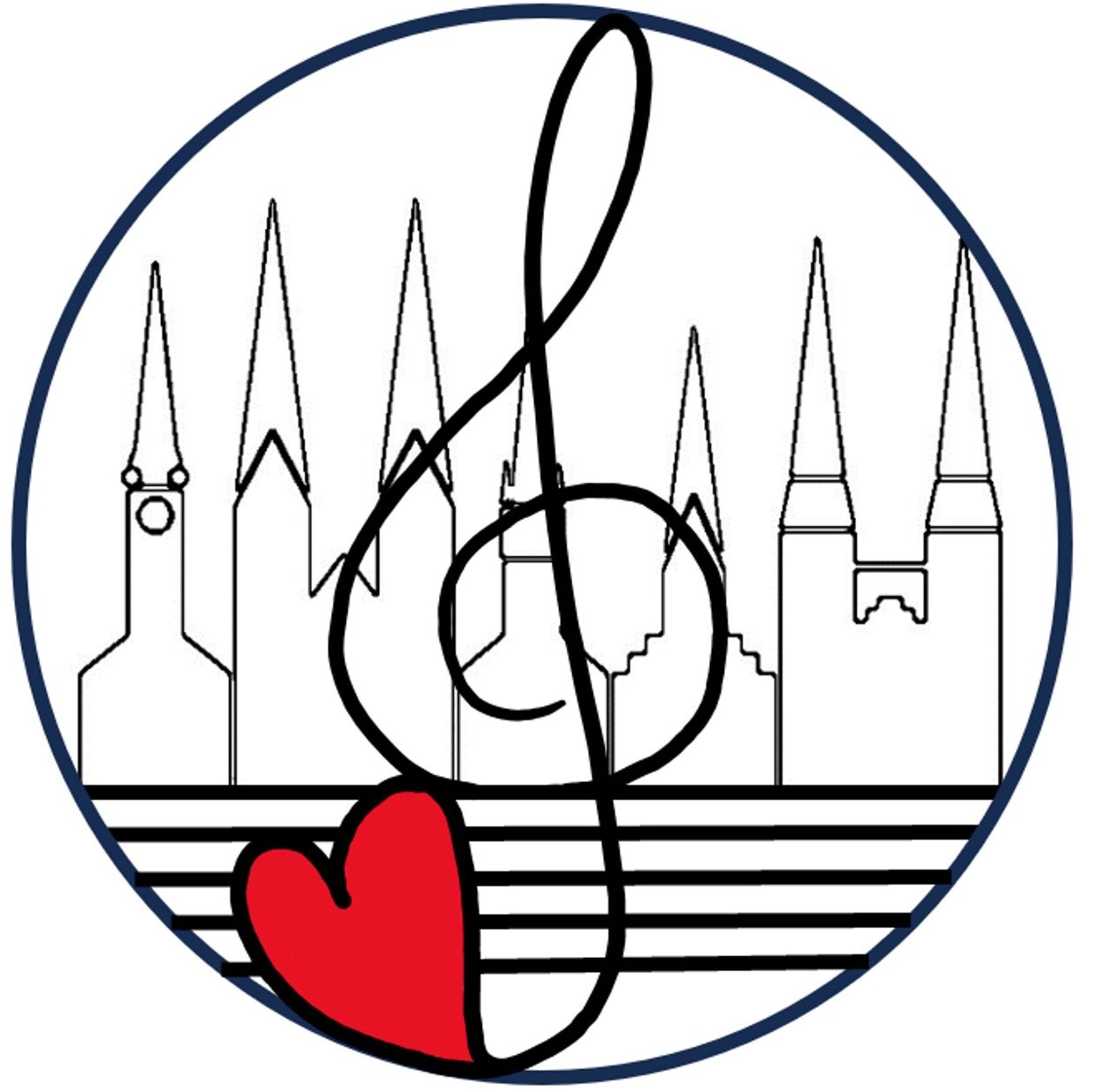 Das Logo des Kirchenmusiktalers. Ein Notenschlüssel, der in einem roten Herz mündet vor der Silhuette der Innenstadtkirchen